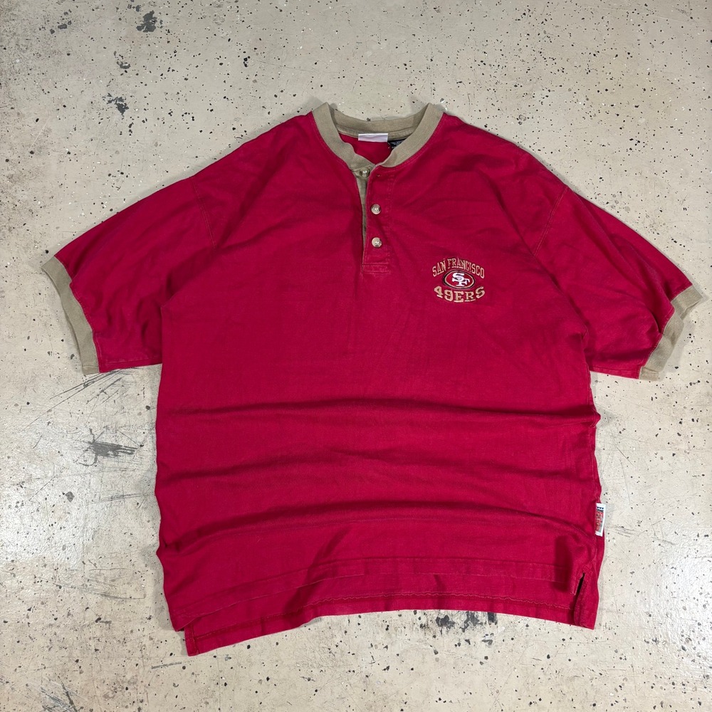 Vintage 90s The Edge San Francisco 49ers Red Henley Short‎ Sleeve Shirt Size L